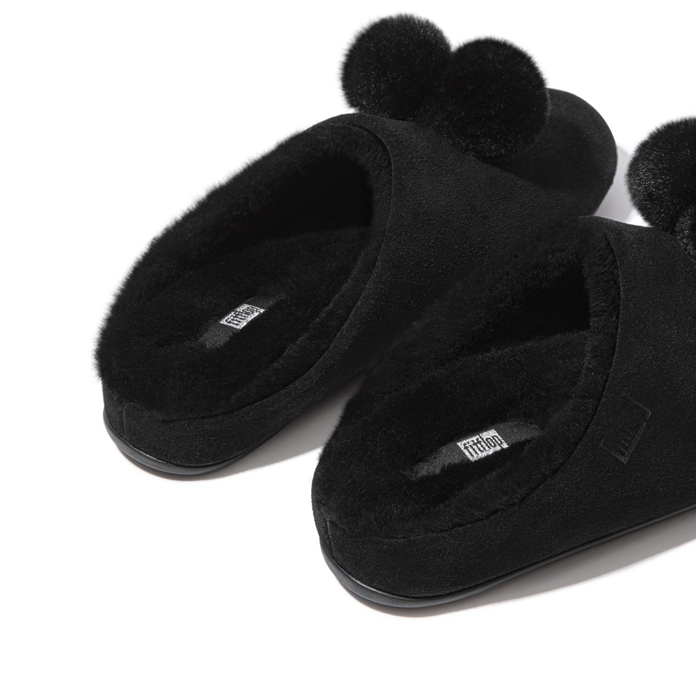 Fitflop Womens Slippers - Chrissie Pom-pom Shearling - Black - 981-RSOBTL